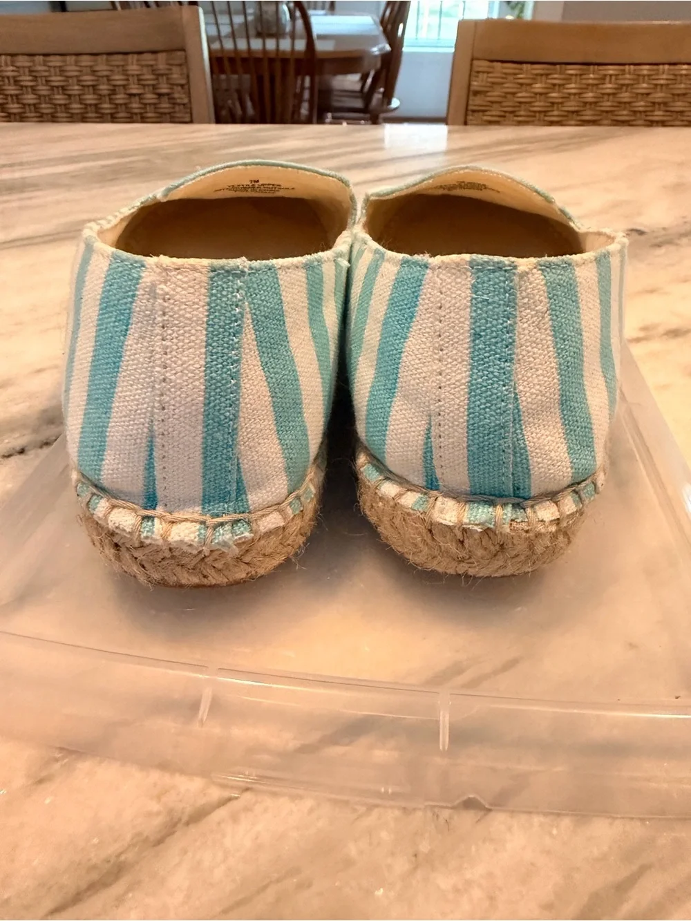 Talbots Aqua & White Striped Espadrilles with Pink Crab Embroidery